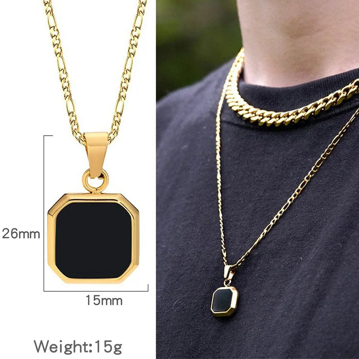 Octagon Square Black Onyx Pendant Minimalist Vintage Mens Rope Chain Necklace