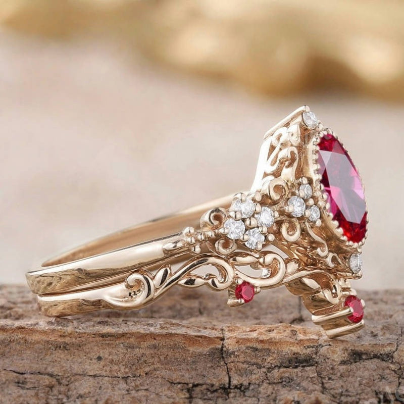 Oval Ruby Red Diamond Vintage Court Lace Ring Women Rhombus Filigree Cocktail Ring