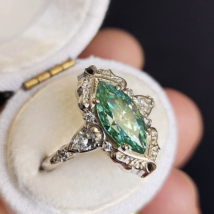 Vintage Marquise Green Diamond Statement Ring Ornate Filigree Three Stone Engagement Ring Antique Art Deco Wedding Ring Fine Jewelry