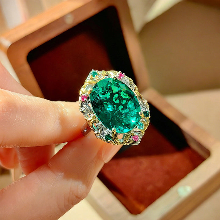 Vintage Emerald Green Oval Diamond Jewelry Set Women Pendant Necklace Earrings Ring Baroque Statement Set