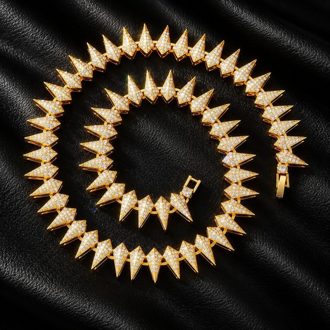 Iced Out Spike Triangle Link Chain Bracelet Necklace Set Hip Hop Edgy Statement Jewelry Unisex Fashion Matching Accessory Gift