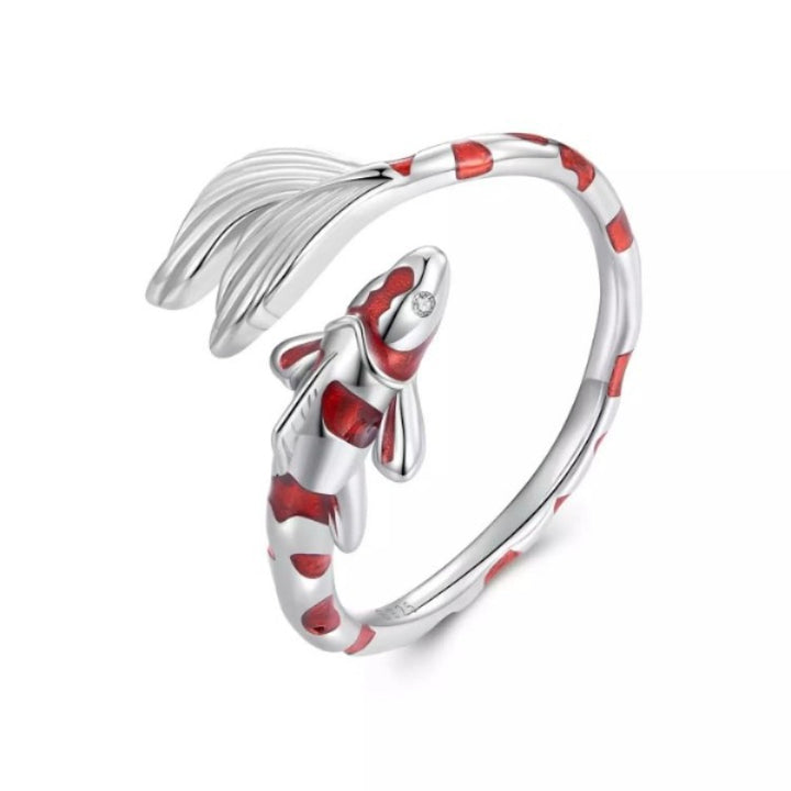 Lucky Koi Fish Open Wrap Ring Red Enamel Fish Statement Ring Sterling Silver Ring Two Tone Adjustable Animal Ring For Women Japanese Style Luck Jewelry Gift