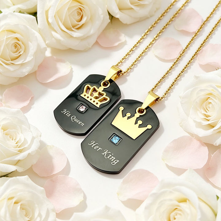 King Queen Crown Dog Tag Couple Necklaces Engraved Square‑Stone Pair Pendants