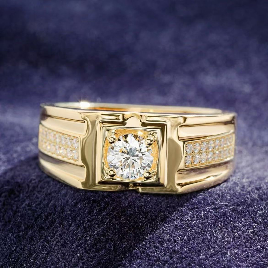 Men's Round Diamond Signet Ring 14K Gold Finish Wide Band Solitaire Engagement Wedding Ring for Him