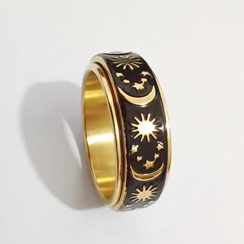 Sun Moon Star Rotatable Fidget Spinner Ring Titanium Steel Anxiety Band Ring With Ring Box