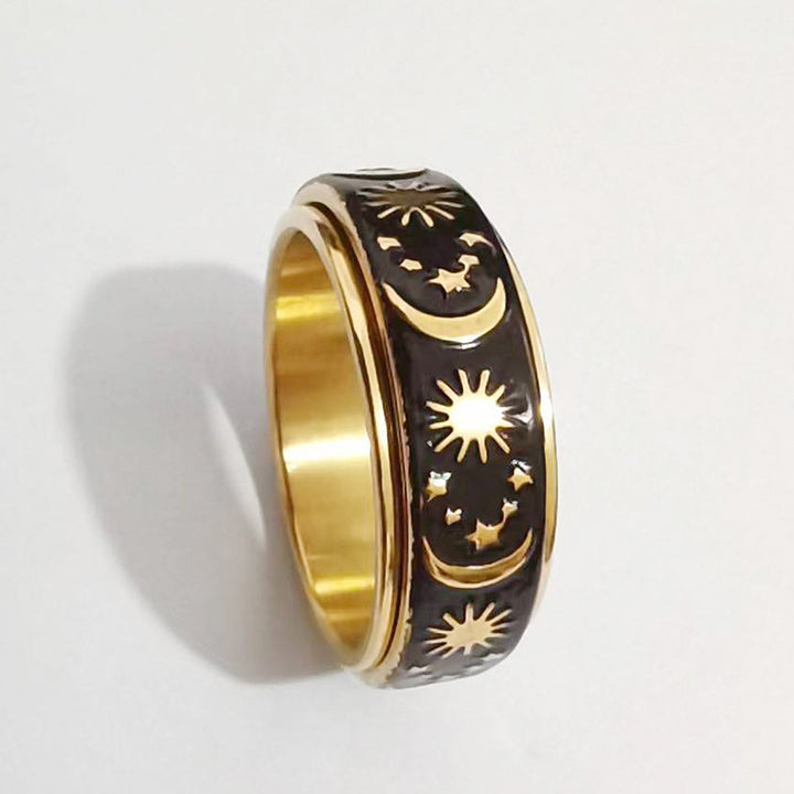 Sun Moon Star Rotatable Fidget Spinner Ring Titanium Steel Anxiety Band Ring With Ring Box