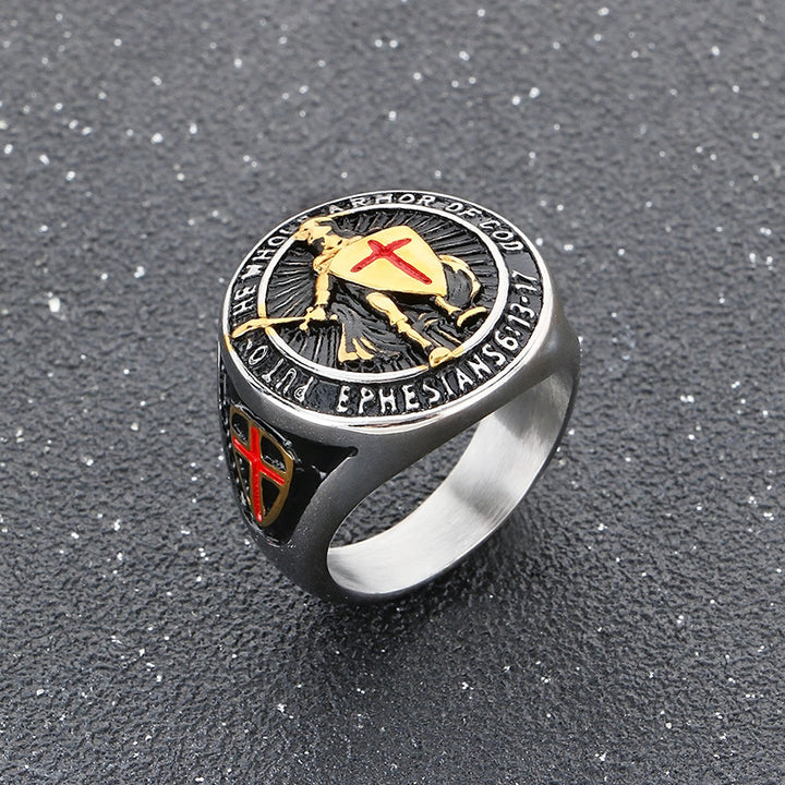Knights Templar Armor Of God Signet Ring For Men Vintage Cross Engraved Titanium Steel Statement Ring