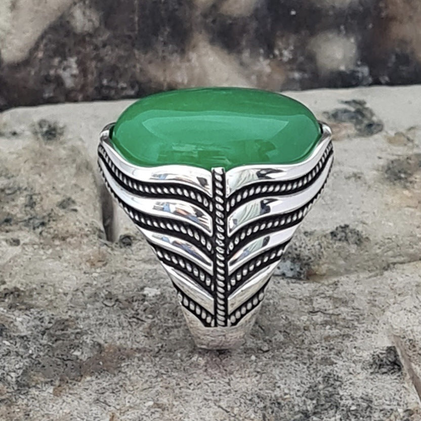 Vintage Ethnic Oval Jade Sterling Silver Unisex Ring, Relief Carved Band