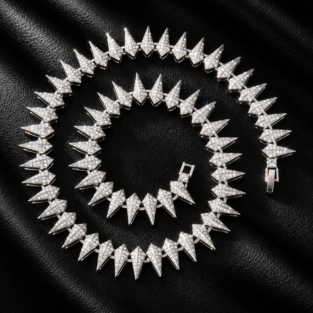 Iced Out Spike Triangle Link Chain Bracelet Necklace Set Hip Hop Edgy Statement Jewelry Unisex Fashion Matching Accessory Gift