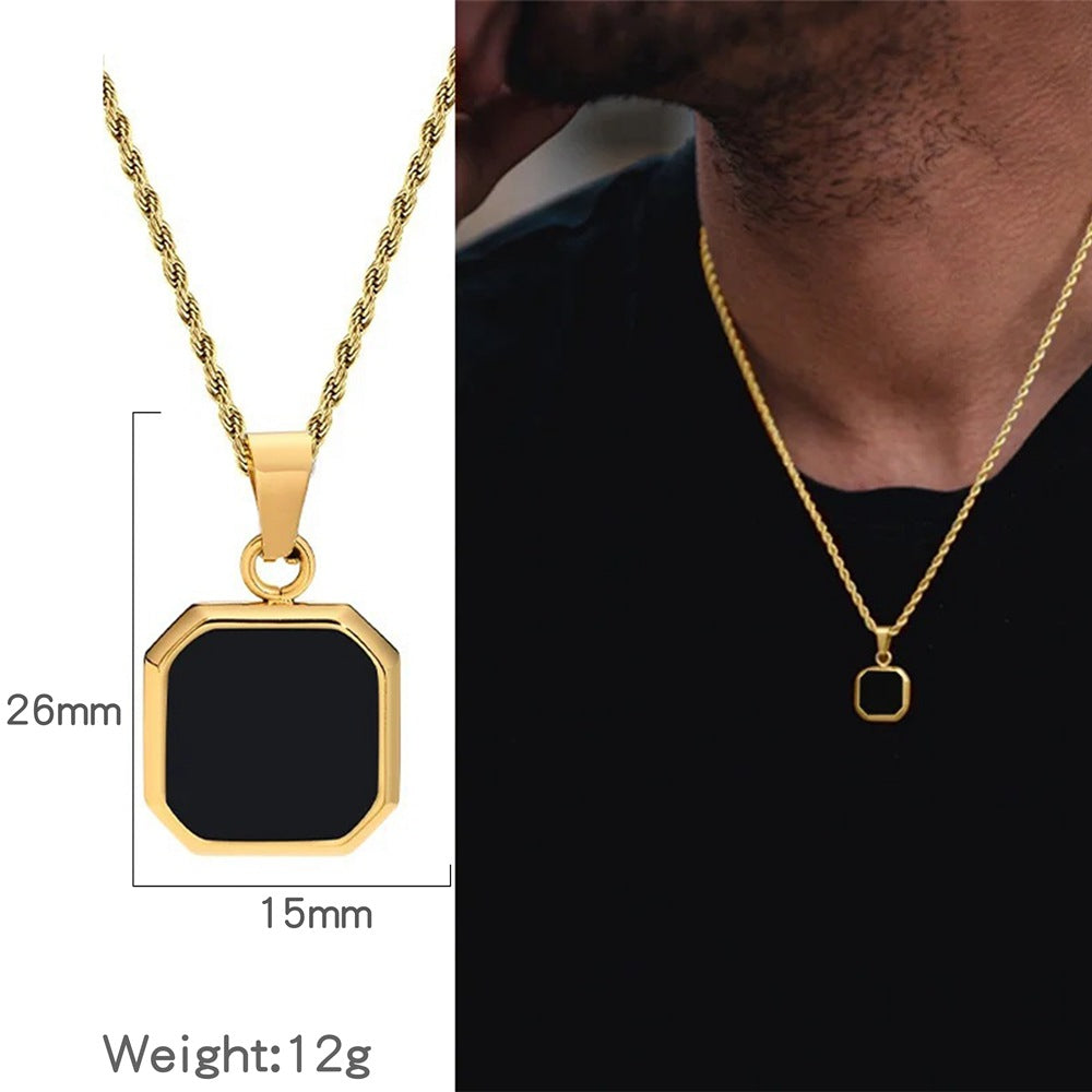 Octagon Square Black Onyx Pendant Minimalist Vintage Mens Rope Chain Necklace