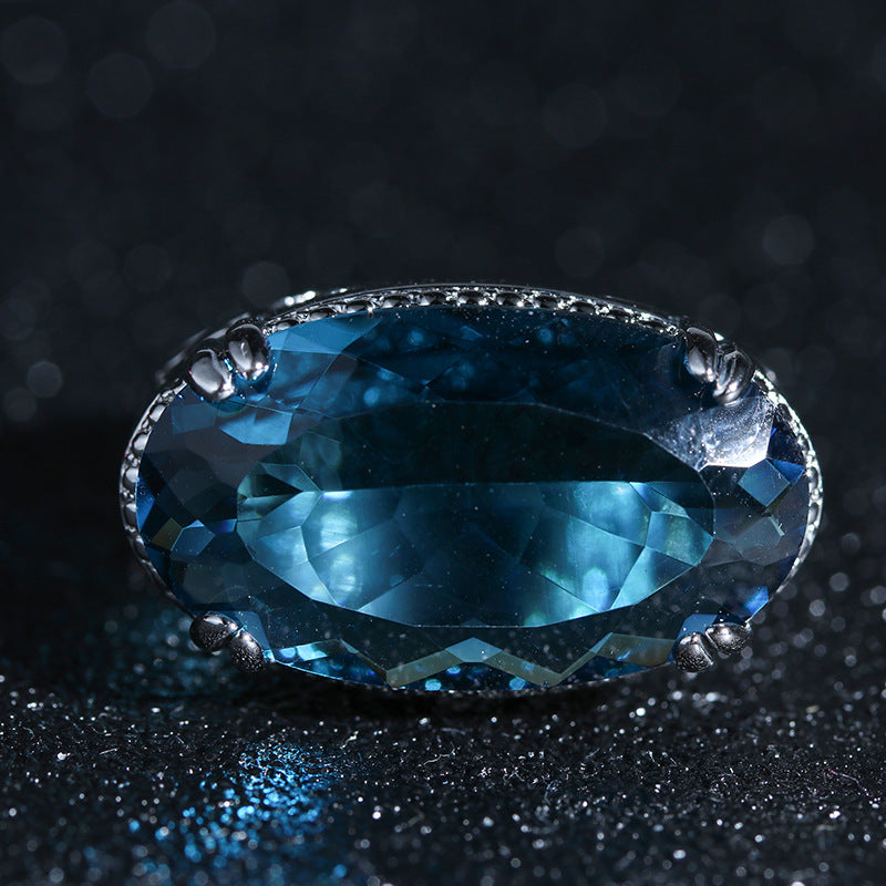 Oval Blue Topaz Cocktail Ring Vintage Hollow Filigree Halo Statement Ring For Women