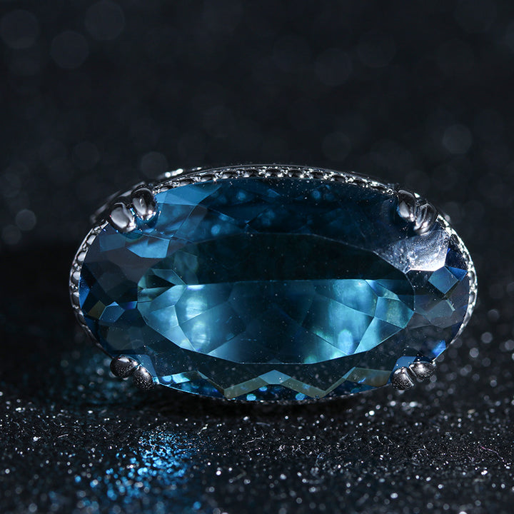 Oval Blue Topaz Cocktail Ring Vintage Hollow Filigree Halo Statement Ring For Women