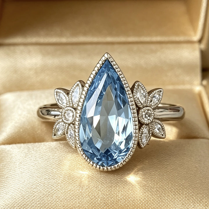 Teardrop Blue Diamond Ring Women Silver Flower Accent Sparkling Luxury Jewelry Gift