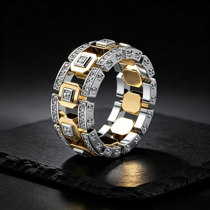 Two Tone Square Diamond Link Band Ring Iced Out Statement Stackable Ring Luxury Geometric Chain Design Fashion Jewelry For Men