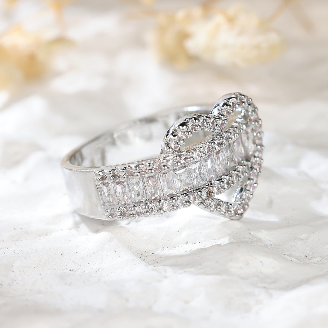 Intertwined Double‑Heart Full‑Paved Ring Luxurious Baguette Diamond Band
