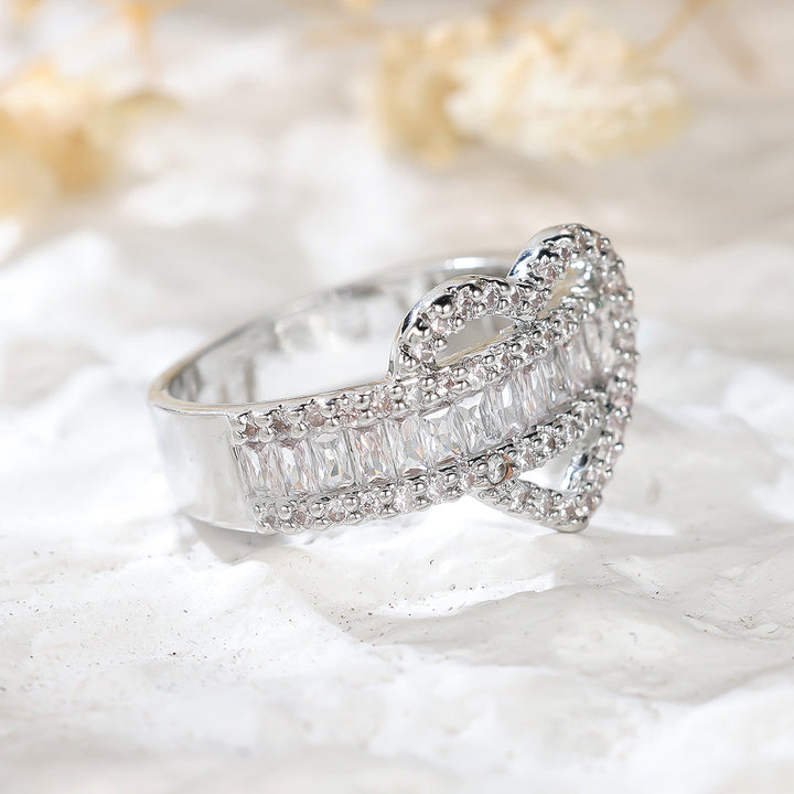 Intertwined Double‑Heart Full‑Paved Ring Luxurious Baguette Diamond Band