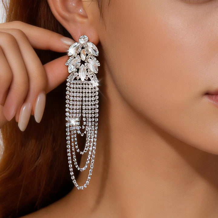 Long Tassel Chandelier Earrings Women Marquise Crystal Cluster Dangle Earrings Silver Black Obsidian