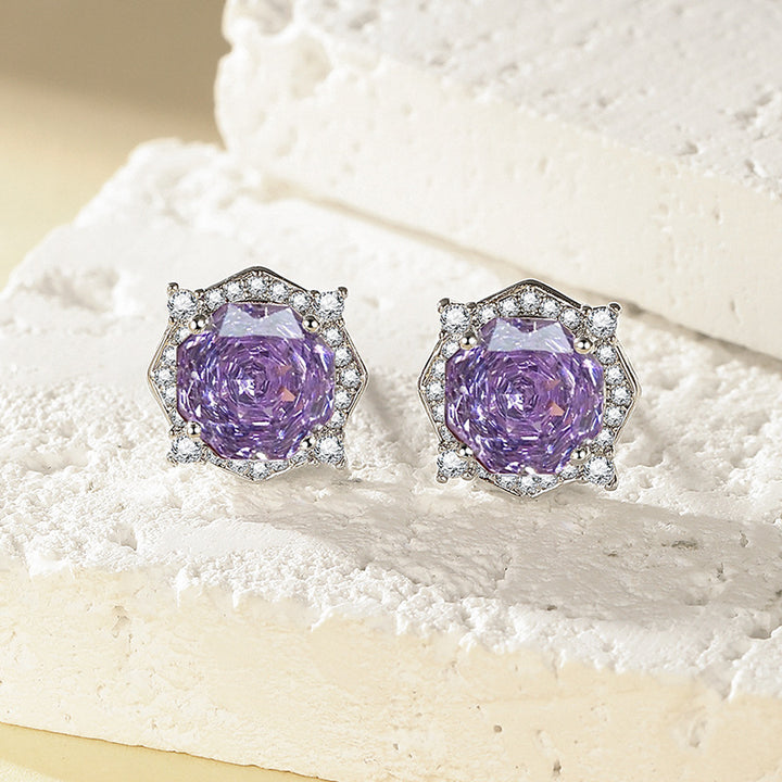 Millennium Rose Cut Diamond Stud Earrings Women Halo Hexagon Silver Sparkling Jewelry Gift
