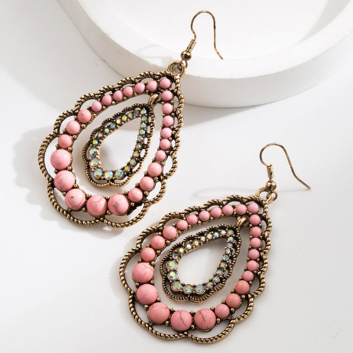 Bohemian Multi‑Layer Teardrop Turquoise Hook Earrings Vintage Hollow Ethnic Style Earrings For Women
