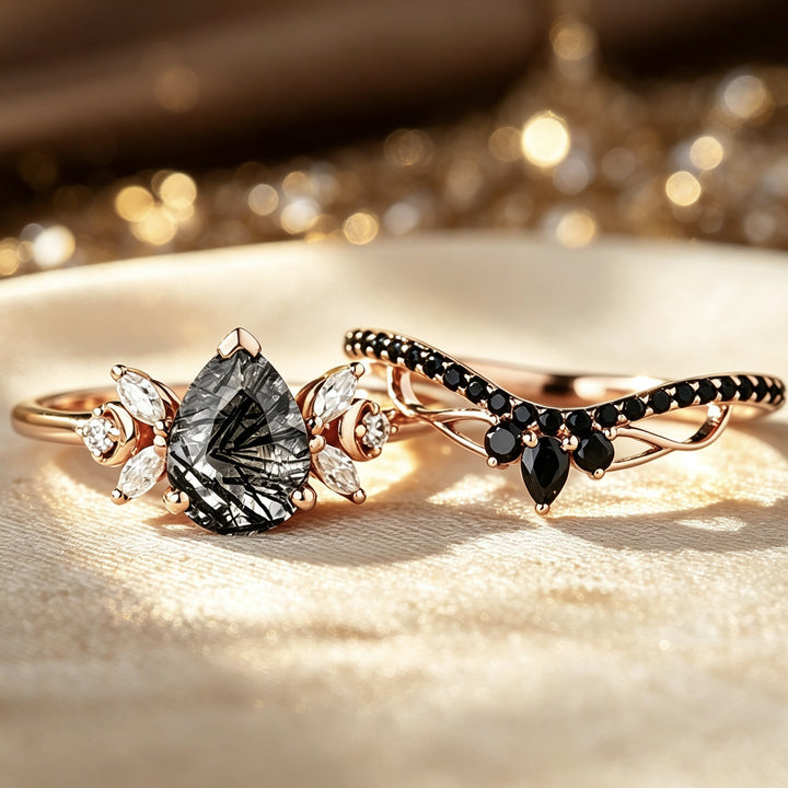Black Hair Crystal Ring Set Women Rose Gold Stacking Double Ring Diamond Luxury Jewelry Gift