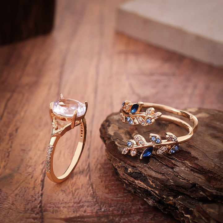 Forest Style Branch Oval Diamond Ring Set Vintage Luxury Two Piece Womens Stackable Rings