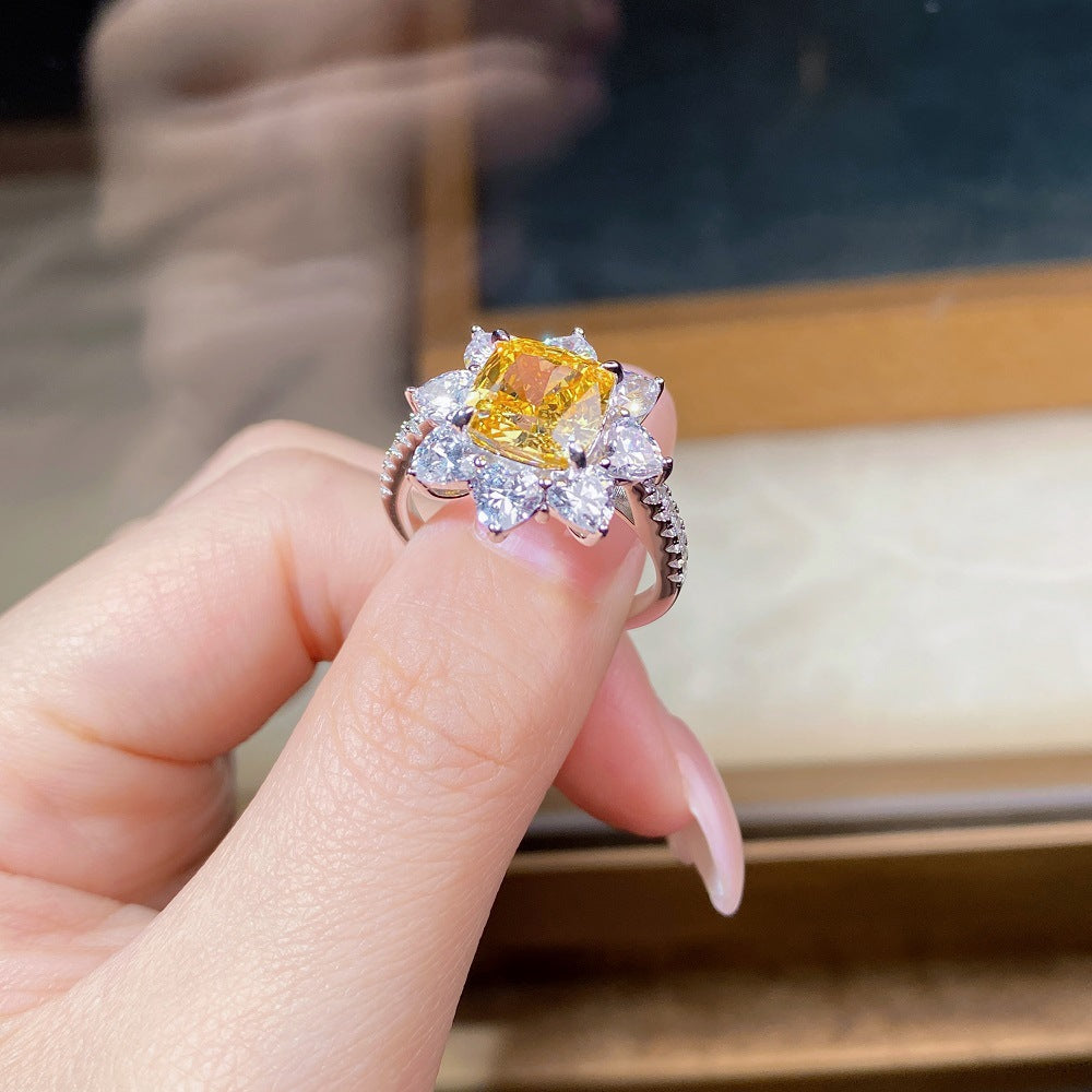Yellow Diamond Flower Halo Ring Women Pear White Diamond Silver Vintage Jewelry Gift