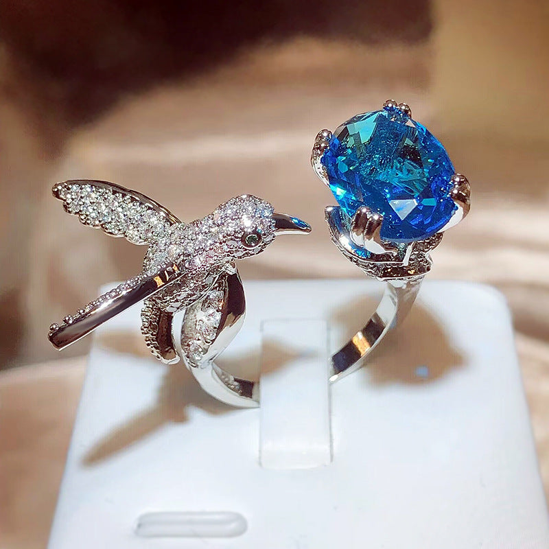 Hummingbird Oval Diamond Open Ring Women Nature Inspired Statement Ring Multiple Color Options