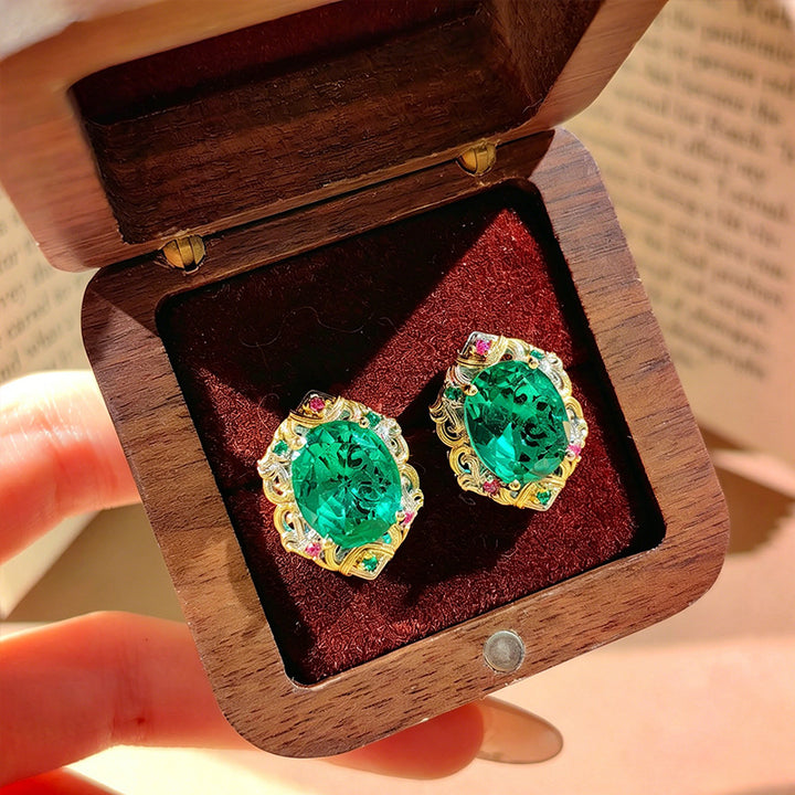 Vintage Emerald Green Oval Diamond Jewelry Set Women Pendant Necklace Earrings Ring Baroque Statement Set
