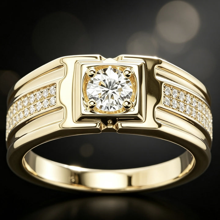 Men's Round Diamond Signet Ring 14K Gold Finish Wide Band Solitaire Engagement Wedding Ring for Him