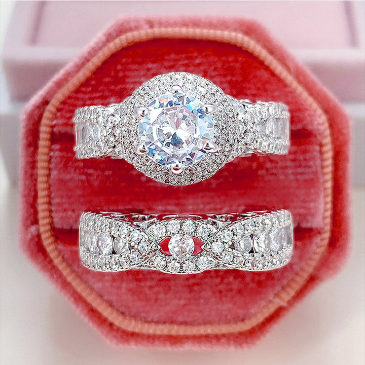 Round Cut Diamond Halo Bridal Ring Set Women Wedding Engagement Stackable Band Promise Anniversary Jewelry