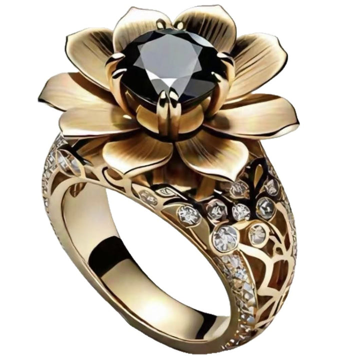 Black Obsidian Flower Ring Women Gold Openwork Carved Diamond Luxury Statement Jewelry