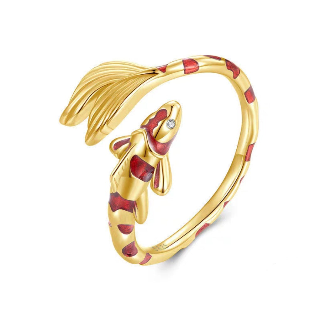 Lucky Koi Fish Open Wrap Ring Red Enamel Fish Statement Ring Sterling Silver Ring Two Tone Adjustable Animal Ring For Women Japanese Style Luck Jewelry Gift