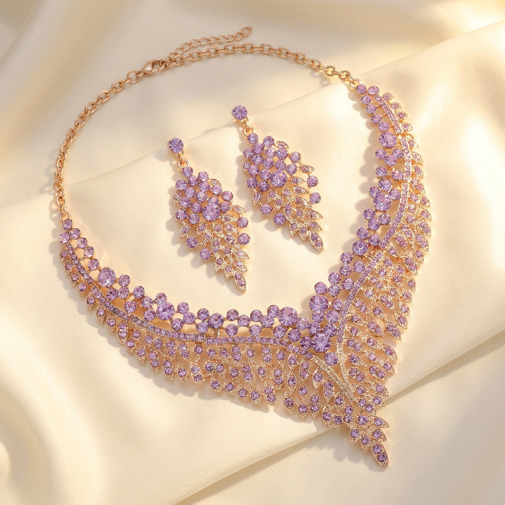Leaf V Shape Diamond Necklace and Earrings Set Women Statement Wedding Bridal Jewelry Set