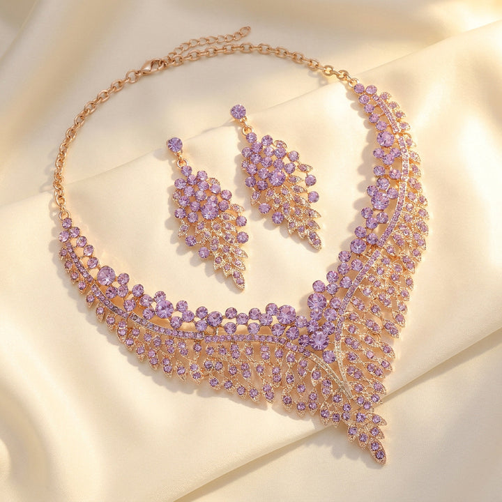 Leaf V Shape Diamond Necklace and Earrings Set Women Statement Wedding Bridal Jewelry Set
