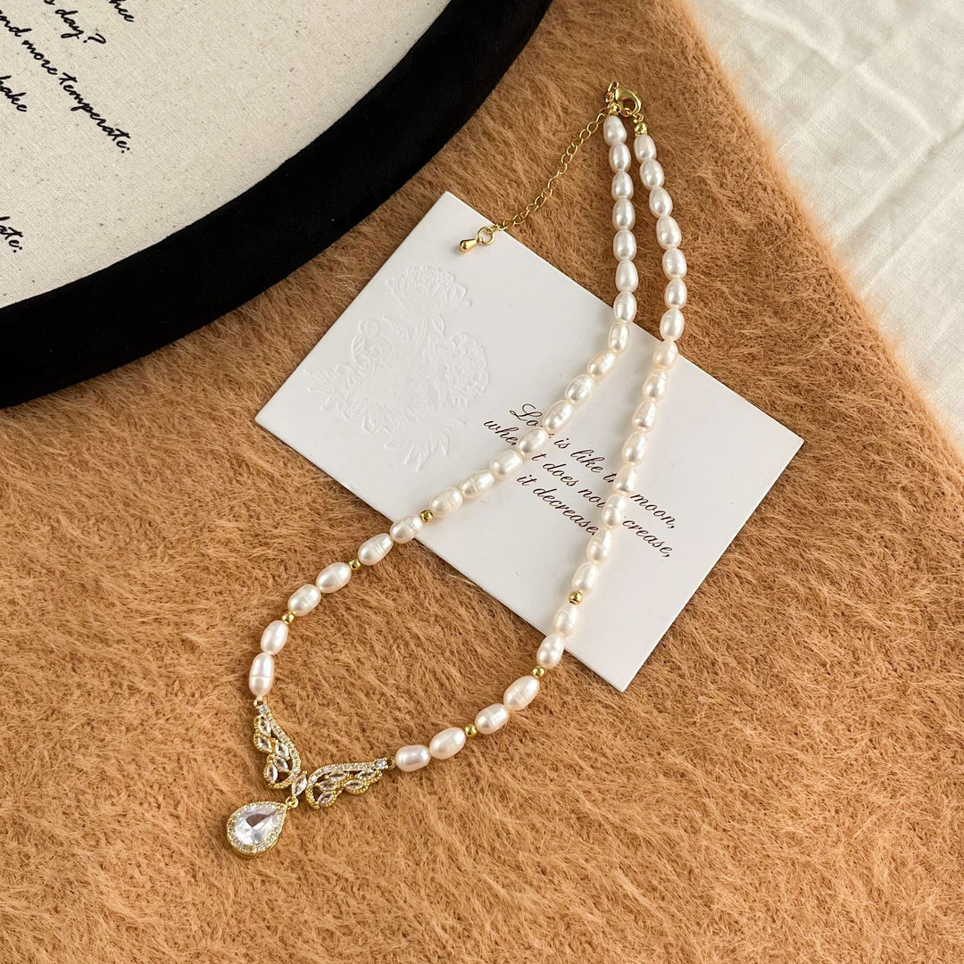 Teardrop Diamond Pendant Butterfly Freshwater Pearl Necklace Vintage Bridal Choker Elegant Statement Jewelry