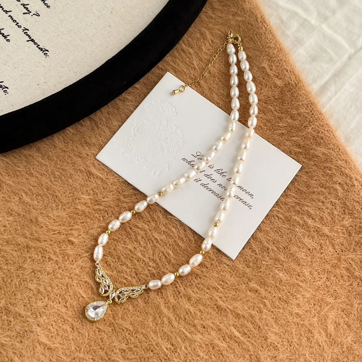 Teardrop Diamond Pendant Butterfly Freshwater Pearl Necklace Vintage Bridal Choker Elegant Statement Jewelry