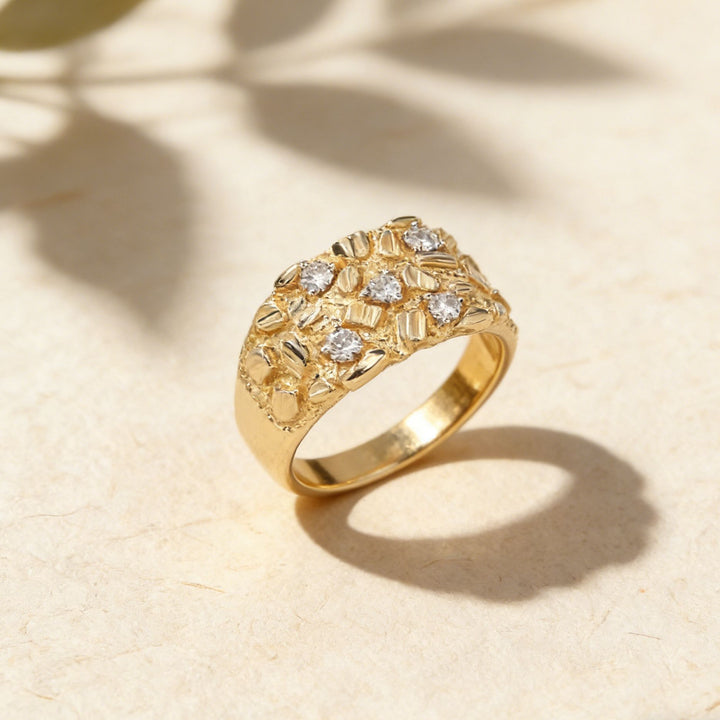 Vintage Textured Relief Paved Diamond Wide Band Ring Retro Chic Statement Ring