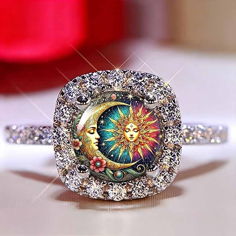 Sun And Moon Goddess Art Ring Square Halo Statement Ring Mystical Celestial Pattern Fashion Ring For Women