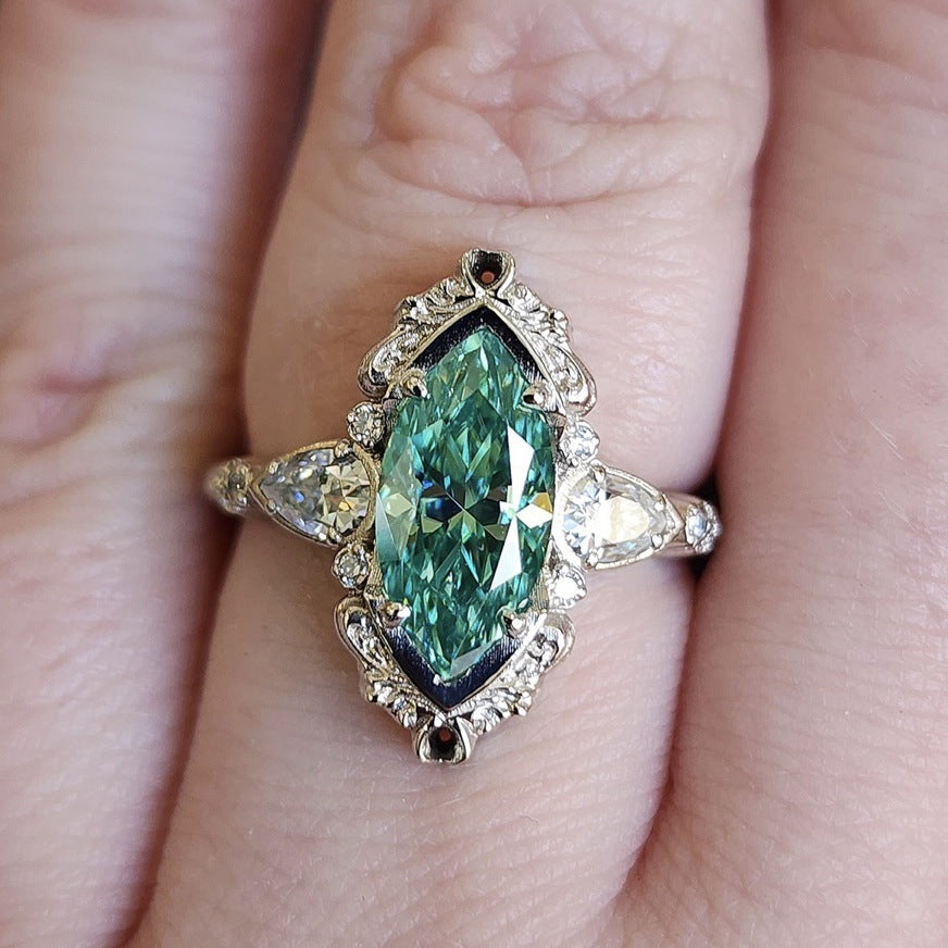 Vintage Marquise Green Diamond Statement Ring Ornate Filigree Three Stone Engagement Ring Antique Art Deco Wedding Ring Fine Jewelry