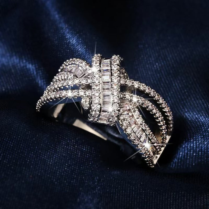 Intertwined Knot Full‑Paved Ring, Women’s Band with Baguette Diamond Interweave Design