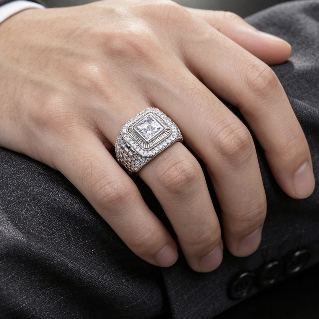 Hip Hop Two‑Tone Square Full Stone Bold Wide Band Mens Ring