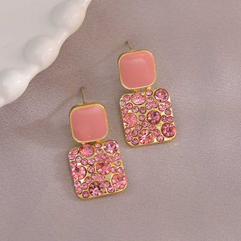 Square Enamel Stud Earrings Women Diamond Paved Gold Two Tone Luxury Jewelry Gift