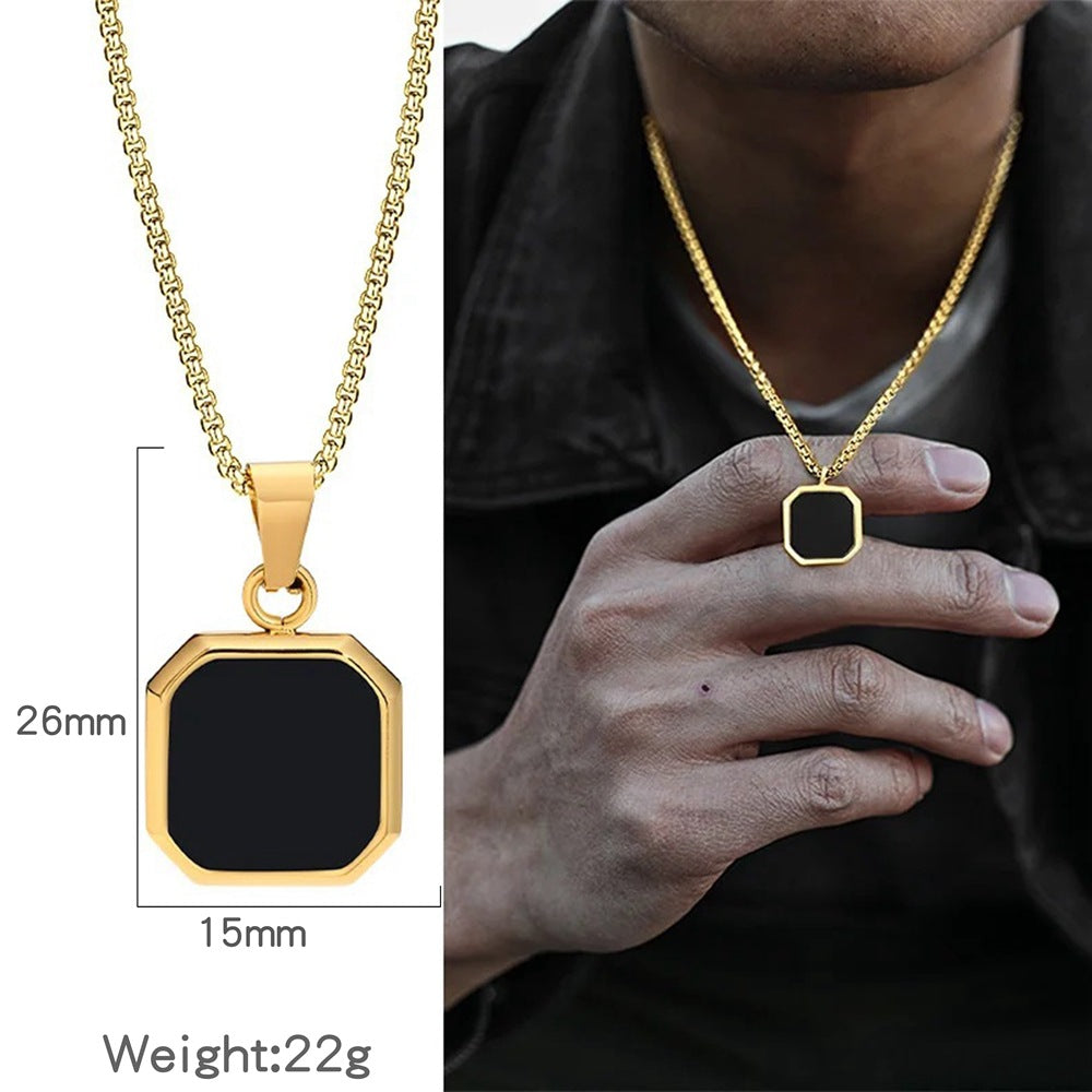 Octagon Square Black Onyx Pendant Minimalist Vintage Mens Rope Chain Necklace