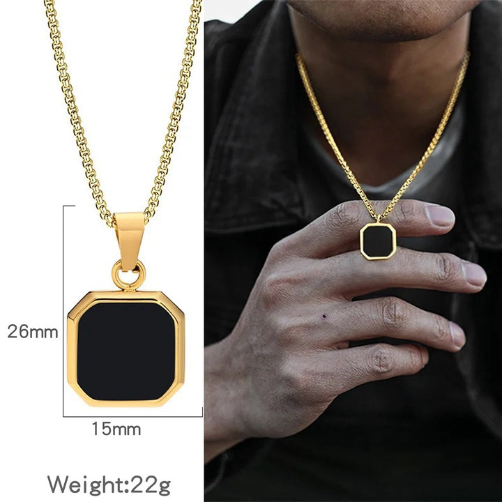 Octagon Square Black Onyx Pendant Minimalist Vintage Mens Rope Chain Necklace
