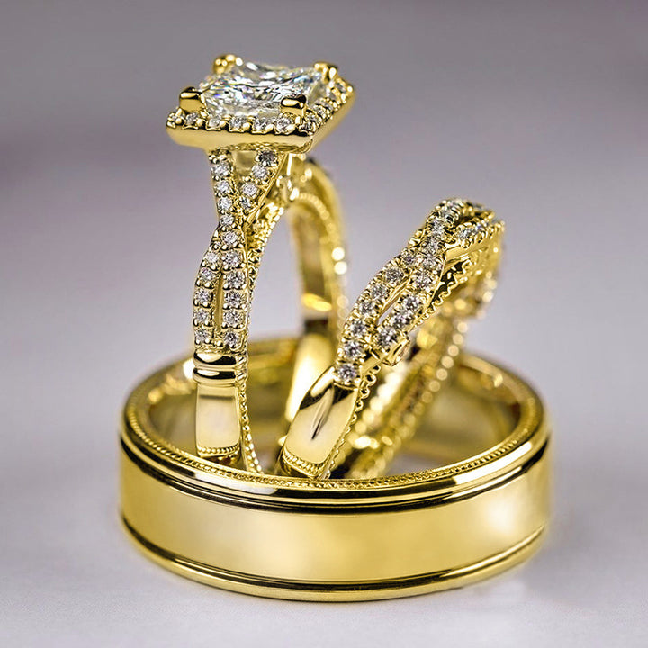 Princess Cut Halo Bridal Ring Set 14K Gold Diamond Wedding Trio