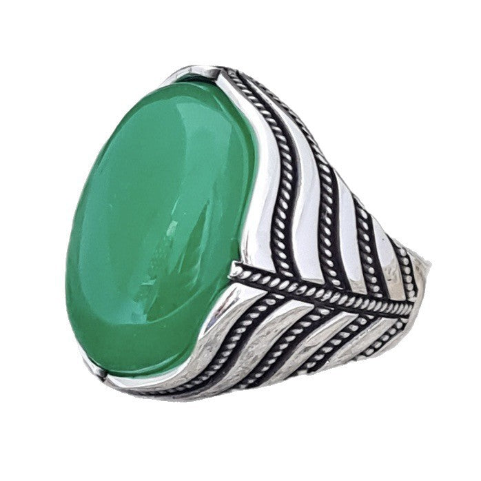 Vintage Ethnic Oval Jade Sterling Silver Unisex Ring, Relief Carved Band