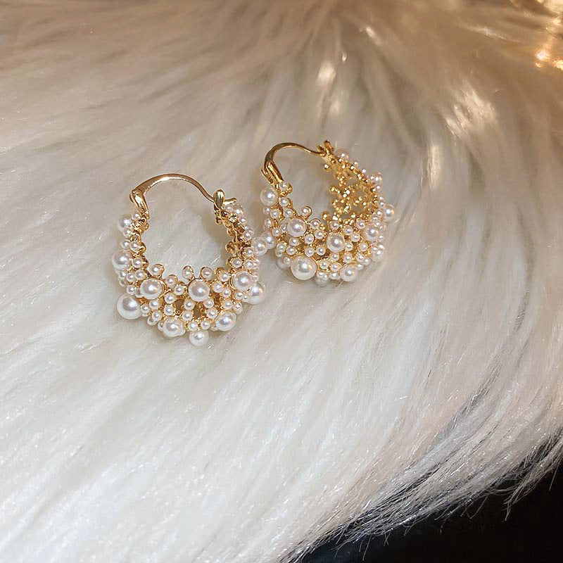 Vintage Lace Cluster Pearl Hoop Earrings French Ornate Women’s Click‑Top Earrings