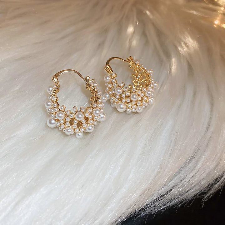 Vintage Lace Cluster Pearl Hoop Earrings French Ornate Women’s Click‑Top Earrings