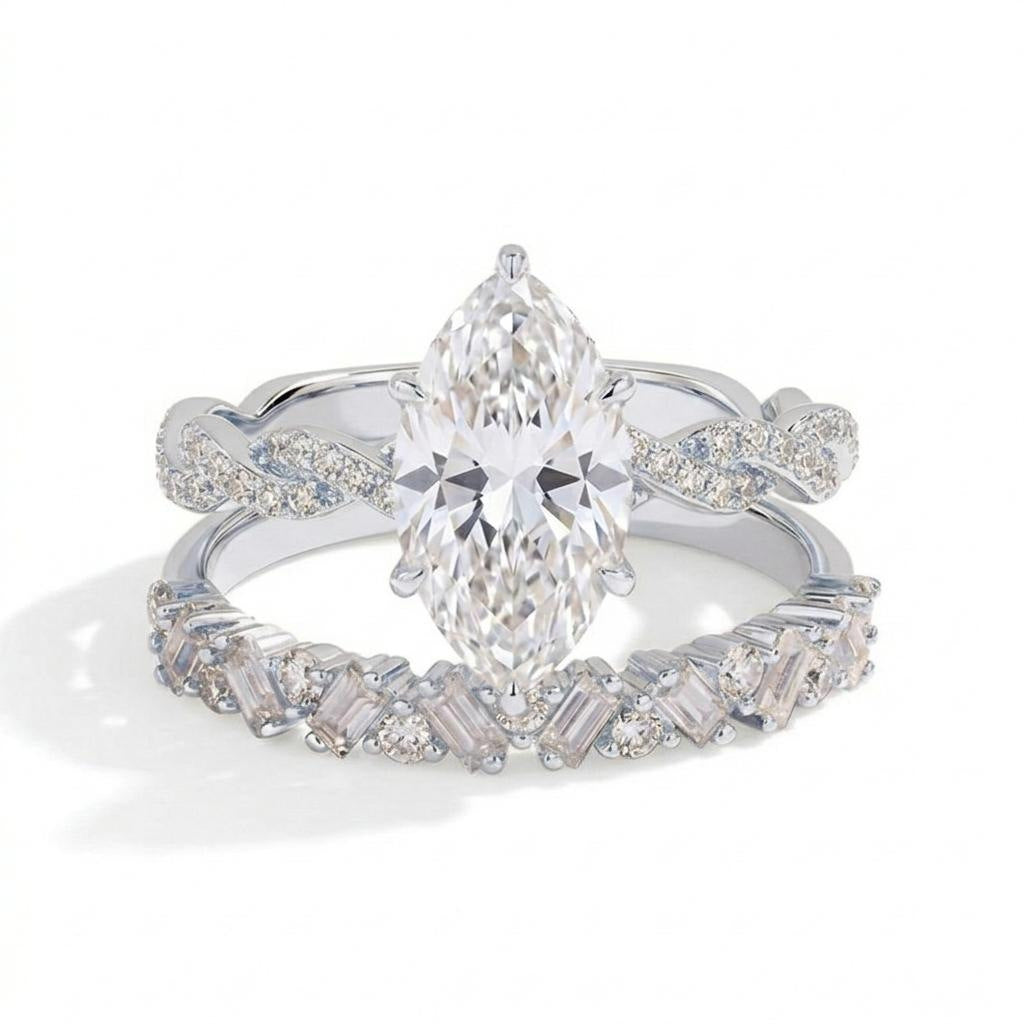 Marquise Cut Diamond Engagement Ring Set Twisted Band &amp; Baguette Wedding Band for Women