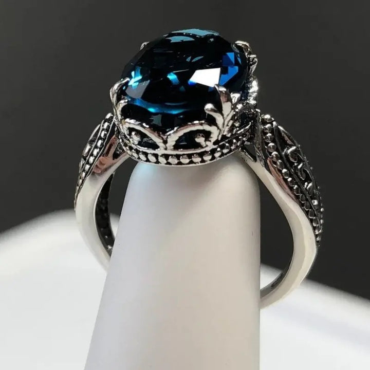 Blue Sapphire Oval Filigree Ring Women Vintage Leaf Art Nouveau Silver Cocktail Ring